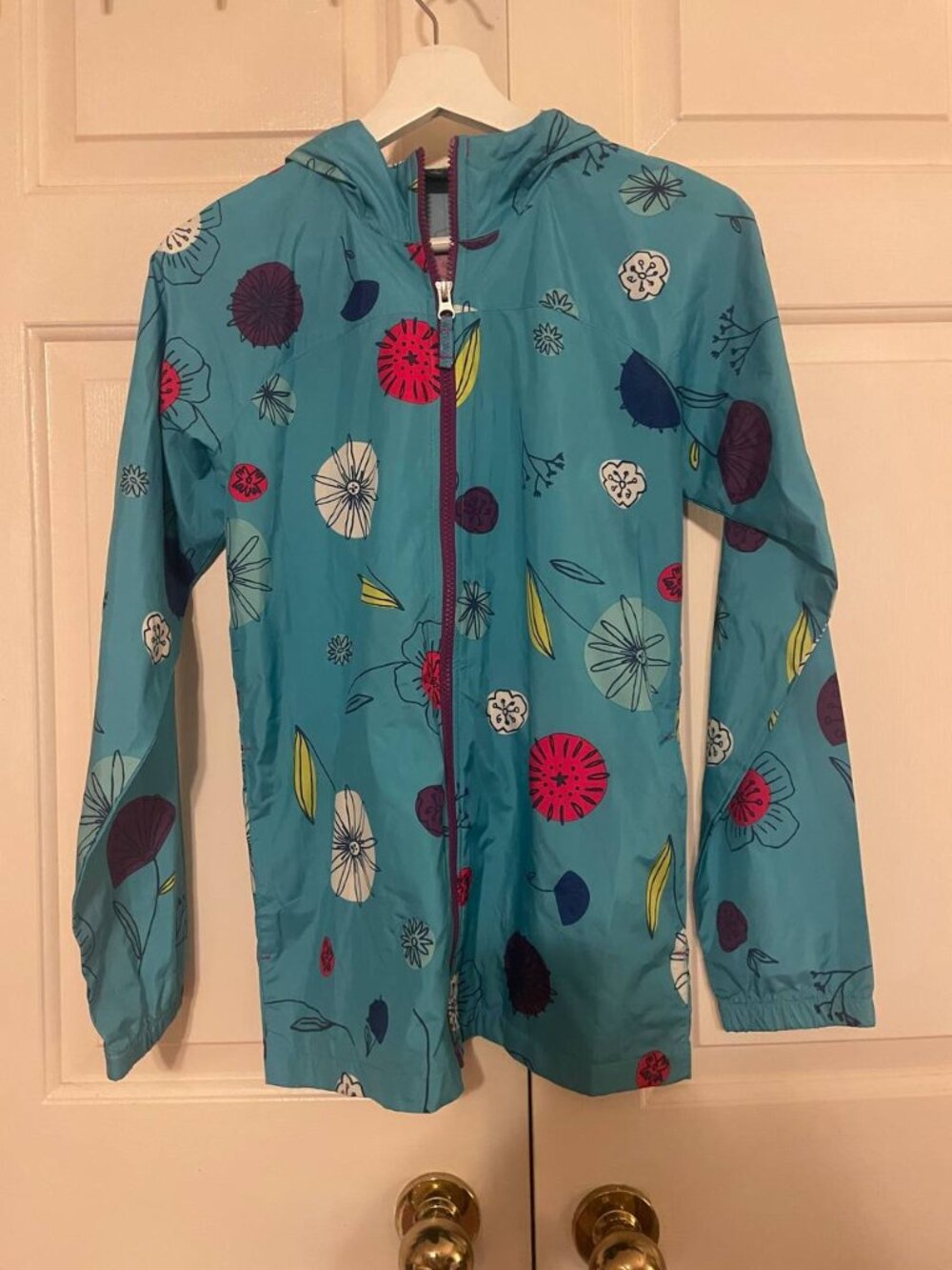 LANDS' END Girls L 14 Teal Floral Hooded Rain Jacket -